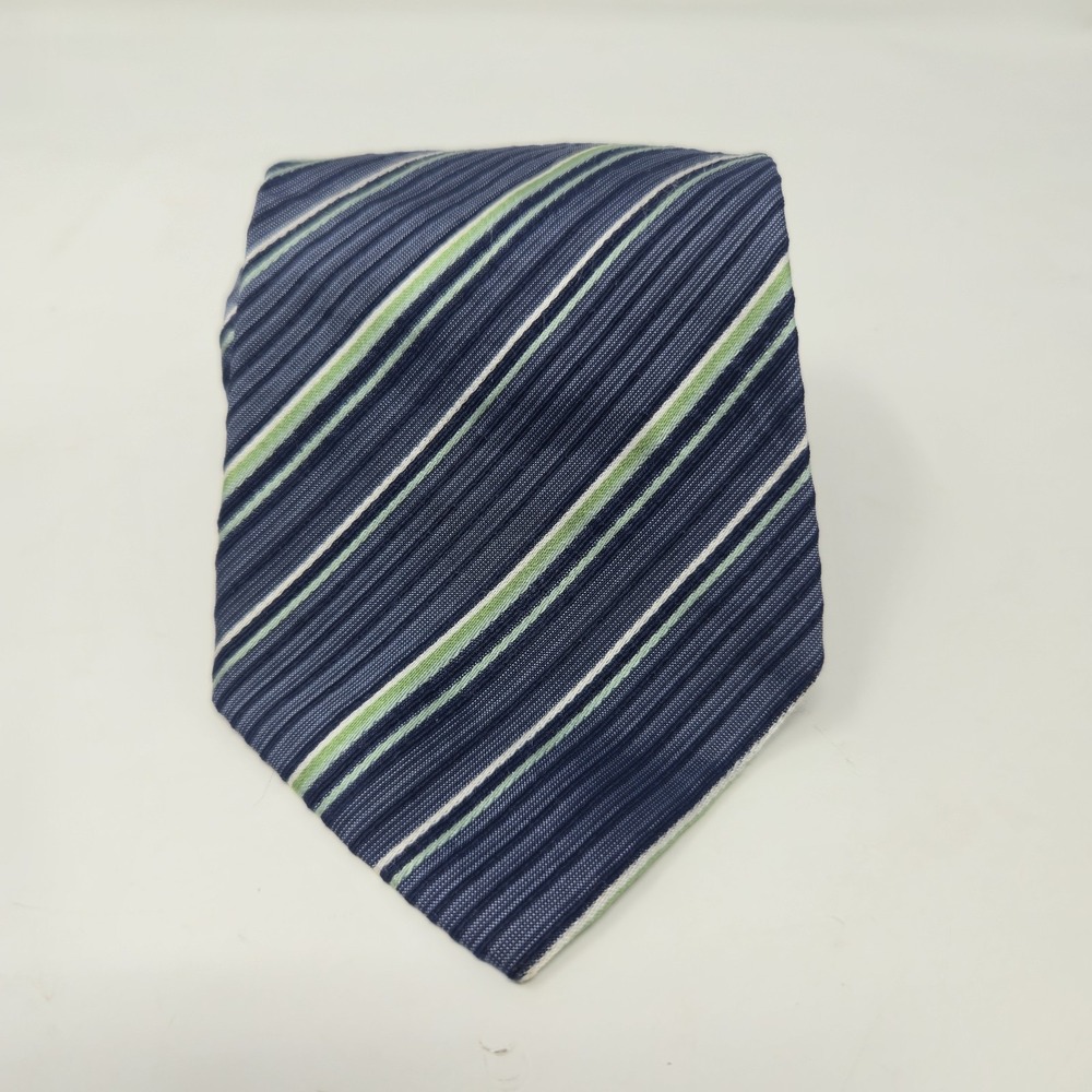 BOSS Hugo Boss Tie Navy Blue Lime Green Striped Silk Blend Made in Italy
